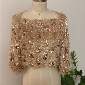 Zara Pink/Gold Sequin Crop Blouse with 3/4 Sleeves
